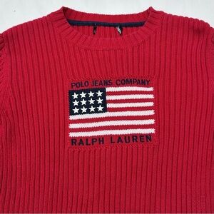 Vintage 90s Polo Jeans Ralph Lauren Ribbed Knit Crewneck American Flag Medium